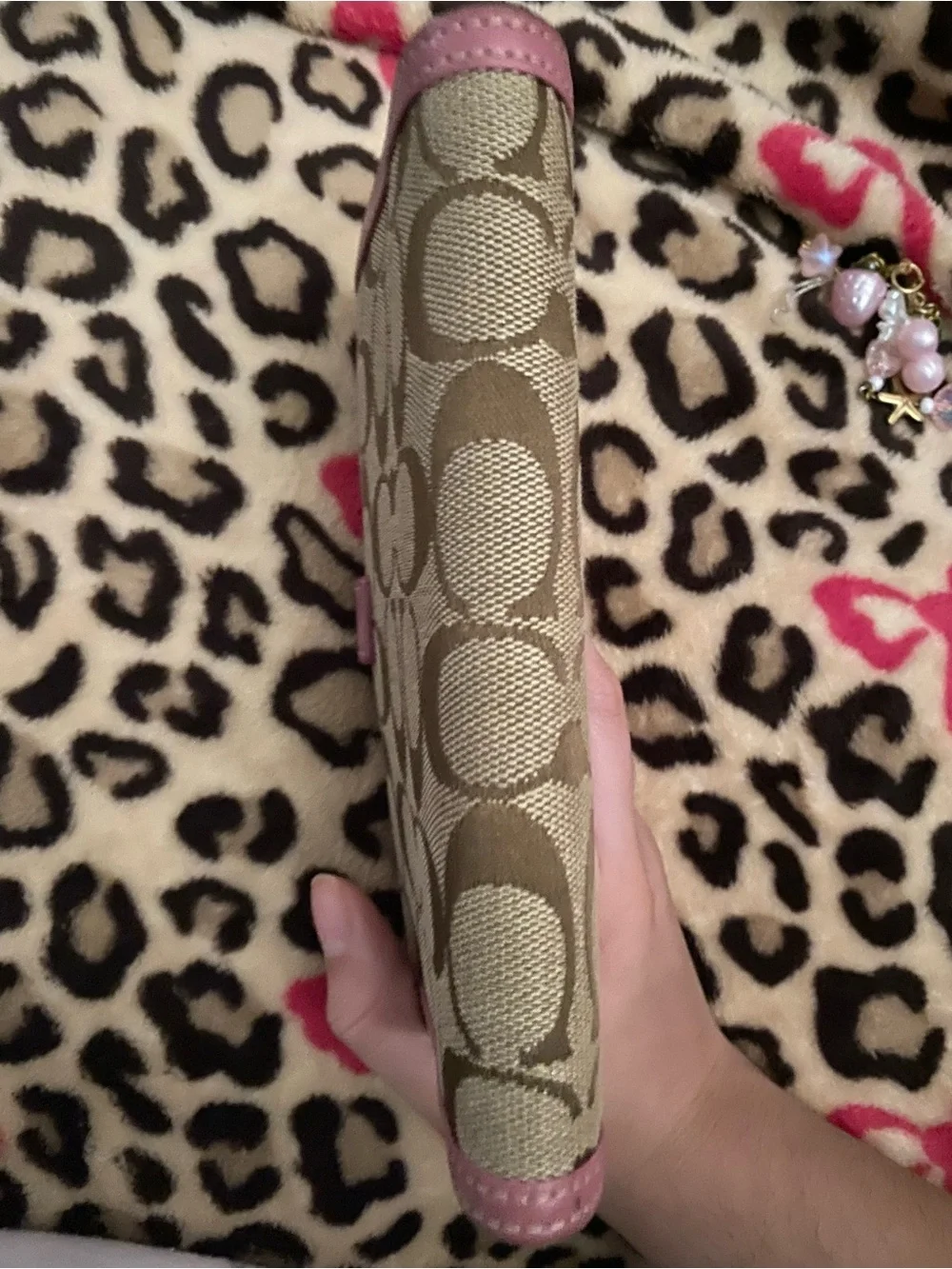 Coach Beige Signature Card Holder with Pink Trim and Charm Dangle